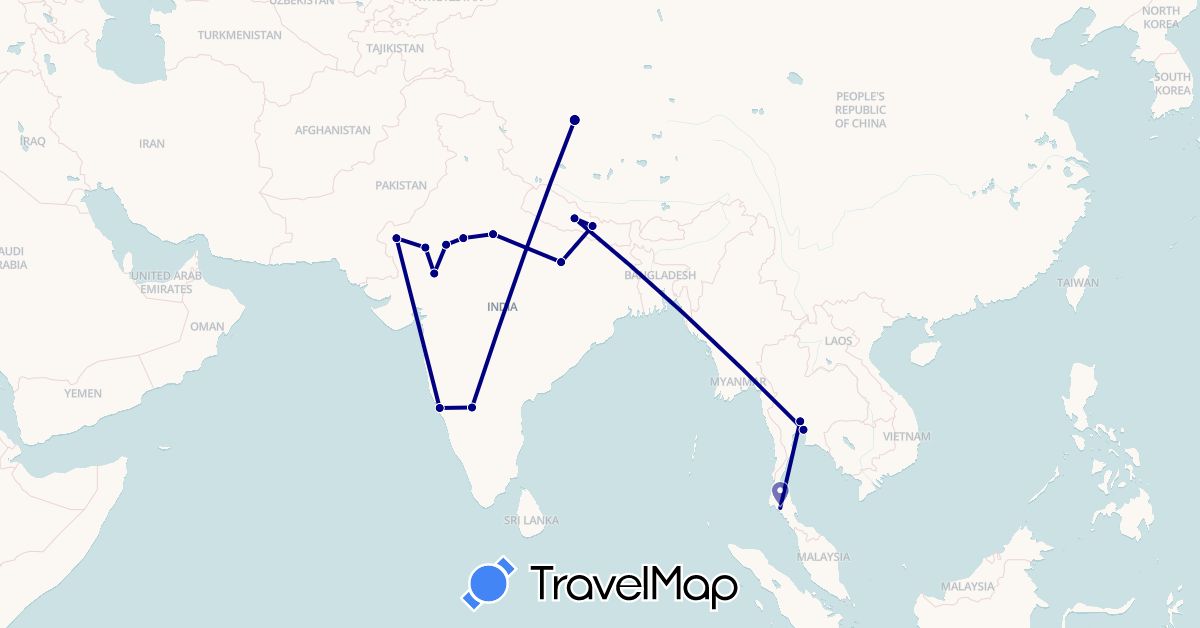 TravelMap itinerary: driving in China, India, Nepal, Thailand (Asia)